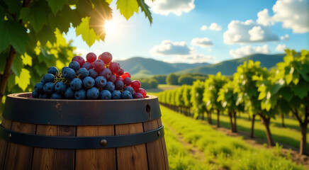 A wooden barrel filled with red and blue grapes sits in a sunny vineyard. The background features rows of vines and a mountainous landscape.