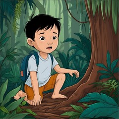 Child Exploring Jungle with Backpack