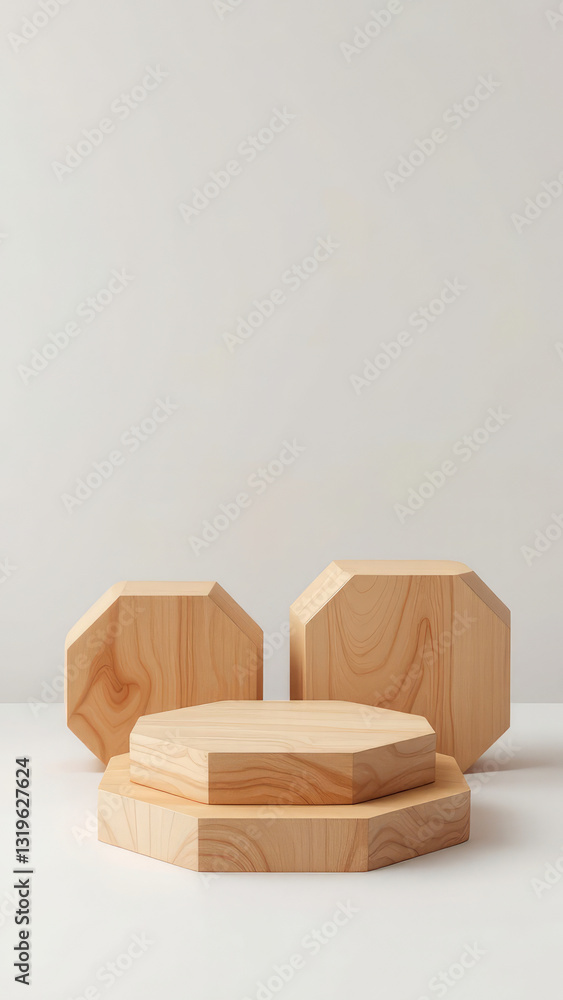 Poster a minimalist 3d rendering of three hexagonal wooden podiums arranged on a solid background