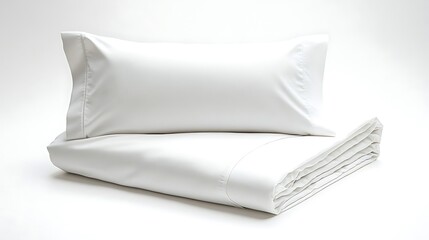 White pillow and folded sheet set on white surface