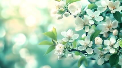 Fototapeta premium Beautiful delicate white blossoms blooming in springtime sunlight softly