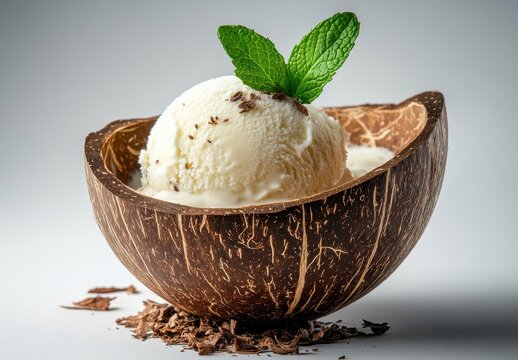 Delicious creamy ice cream served in a rustic coconut shell with chocolate shavings and fresh mint leaves garnishing the dessert for a delightful presentation
