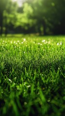 Naklejka premium Fresh green grass with water droplets glimmering under natural light creating a refreshing scene