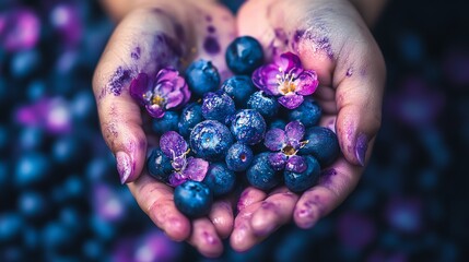 Fresh blueberries and flowers in hands.
