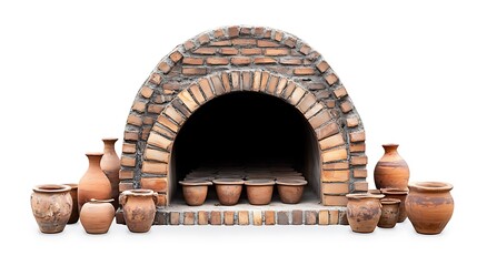 Brick oven with pottery on and inside the structure