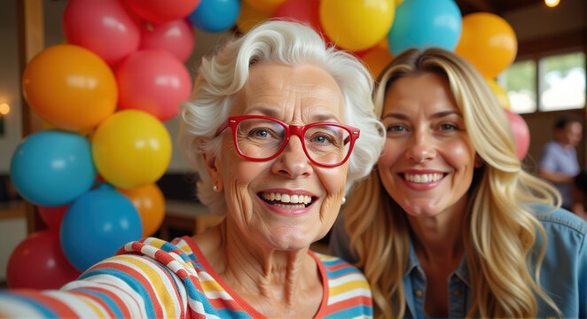 Happy senior and young women taking a selfie together at a party with colorful balloons.