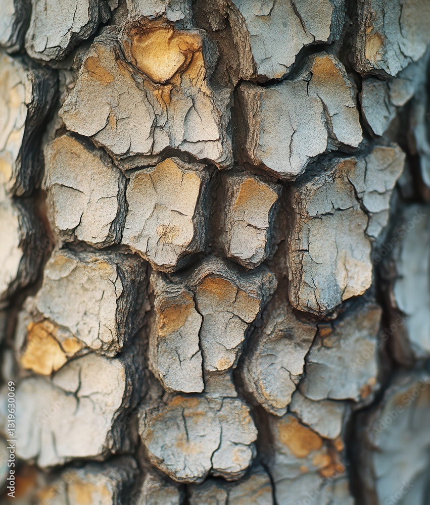 Poster detailed close-up of pine tree bark with unique texture and natural patterns captured in natural lig