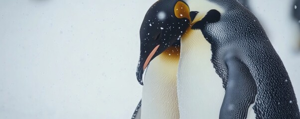 Two penguins standing close together in a snowy winter environment