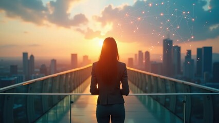 Businesswoman on a glass bridge viewing digital data over sunrise cityscape