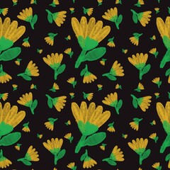 seamless pattern with yellow floral on black background 