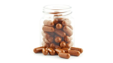 Nutritional supplement capsules in a clear bottle isolated on white background