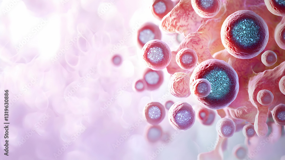 Poster microscopic view of pink and teal pathogens in a soft pink and white environment representing microb