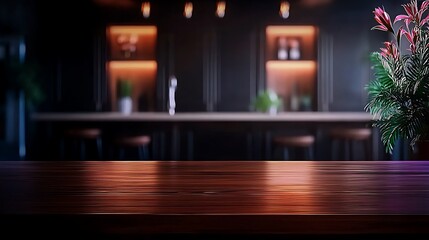 Elegant wooden bar counter with lush plants and a stylish background in a modern lounge setting