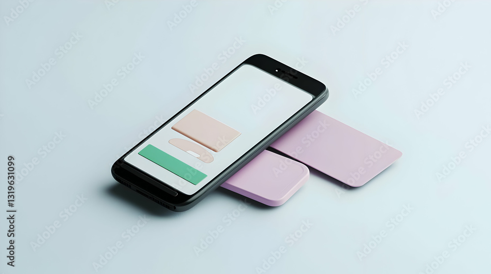 Poster 3d render of black mobile phone with pink and green ui elements on a minimalist white background for