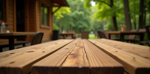 Close-up view of a rustic wooden table outdoors in a park-like setting.