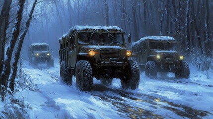 Military Vehicles Traveling in Snowy Forest Environment