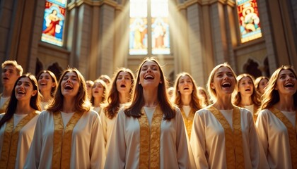 Easter Sunday choir with joyful expressions singing in bright cathedral light