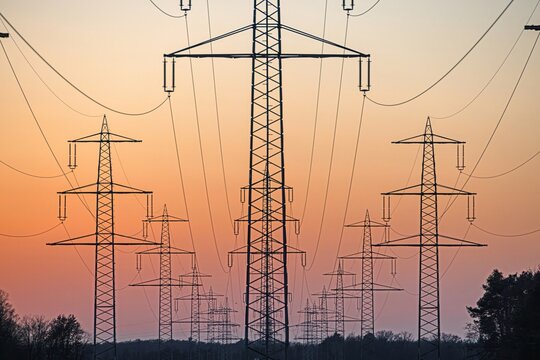 High voltage power lines over a field at sunset - Powered by Adobe