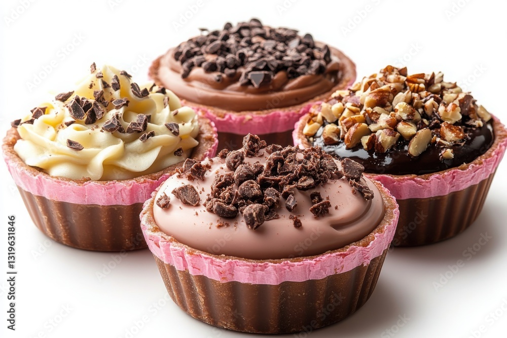 Poster assorted dessert cupcakes are displayed on a white surface variety of toppings of chocolate nuts and