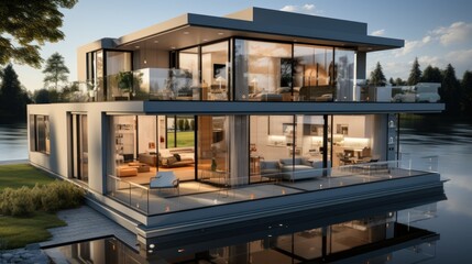 Fototapeta premium Luxury Floating Home on Serene Lake at Dusk