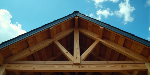 Low angle view of a newly built wooden roof against a blue sky with clouds.