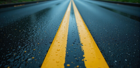 Close up of wet asphalt road with yellow lines and water drops after rain. Dark moody background.
