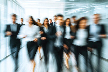 Professionals navigating a bustling modern office corridor