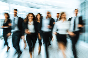 Business professionals walking quickly through a modern office space