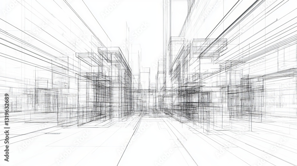 Aufkleber 3d illustration of a linear drawing featuring an imaginative urban architecture building design with