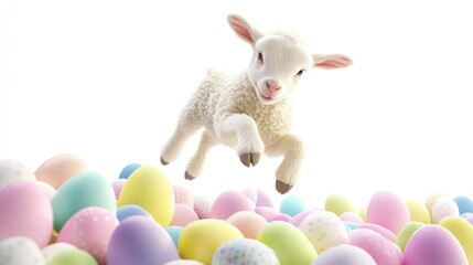 Fototapeta premium Happy easter bunny jumping over colorful eggs spring garden