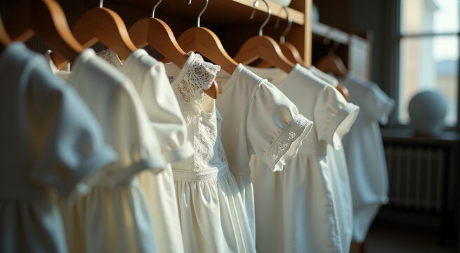 Adorable white baby dresses hanging on wooden hangers, sunlit, close-up shot. Perfect for baby fashion, clothing stores, or christening event imagery.