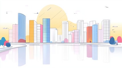 3D illustration of an abstract modern urban landscape line drawing with an imaginative architectural building construction perspective design