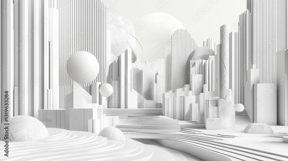 Poster 3d illustration of a linear drawing featuring an imaginative urban architecture building design with