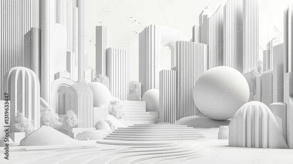 Poster 3d illustration of a linear drawing featuring an imaginative urban architecture building design with