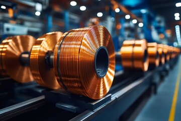 Obraz premium Copper wire reels rotating on the production line in a cable factory