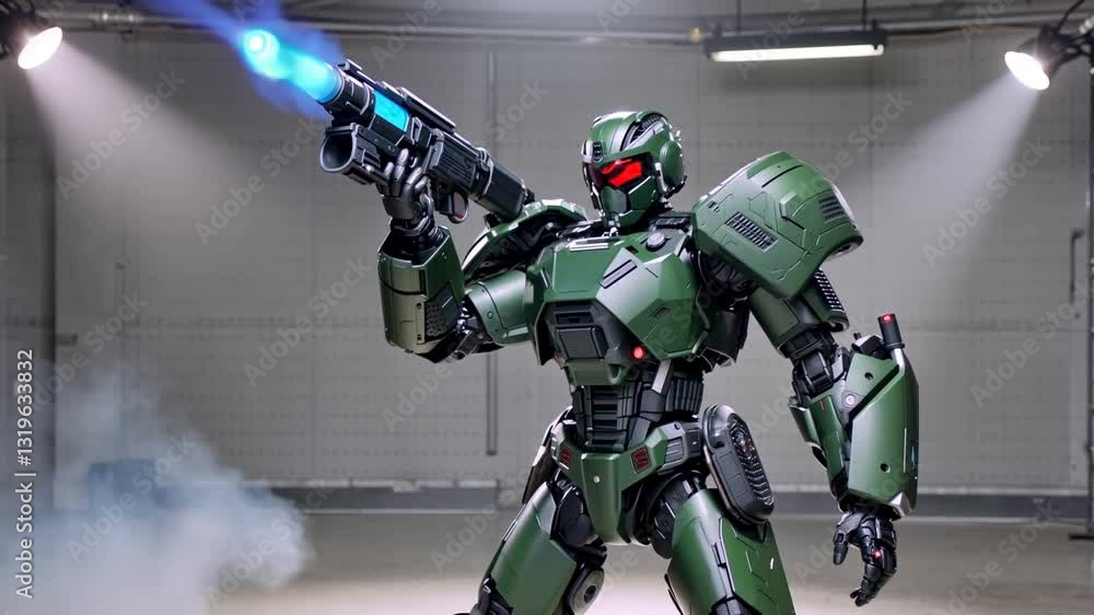 Poster futuristic combat robot standing in a high-tech environment.