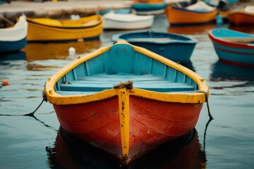 Colorful traditional maltese fishing boat floating on calm water