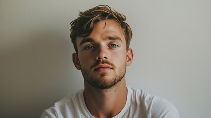 Fototapeta premium Portrait of a Young Man with Stylish Hair and Intense Gaze Against a Neutral Background
