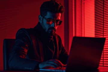 Programmer with sunglasses working at night on his laptop in a room illuminated by red light