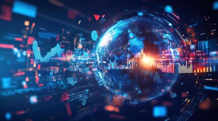 Obraz premium Global data visualization. Earth analytics displayed on futuristic interface, digital background