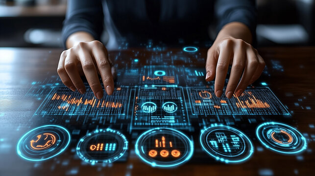 someone interacting with a futuristic digital interface displaying data and graphs.