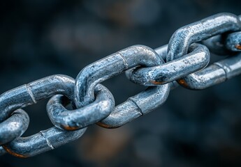 Close-Up of Metallic Chain Links with Textured Surface and Shiny Finish on Dark Background
