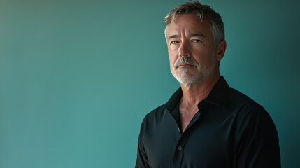 Confident Mature Man with Silver Hair Against a Teal Background