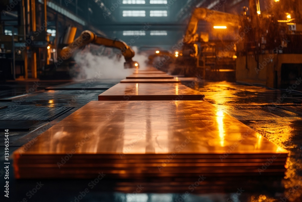 Poster robotic arms processing copper sheets in a metalworking factory