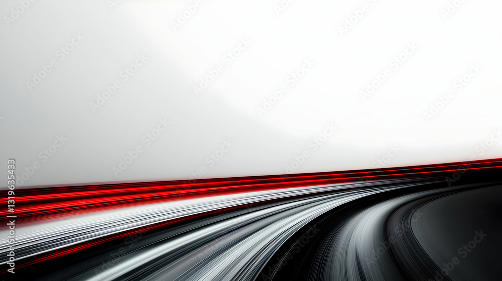 Poster dynamic red and white streaks of light in motion blur on a dark curved path with a bright white back