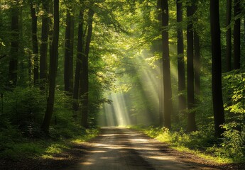 Fototapeta premium Enchanted Forest Path with Sunlight Breaking Through Lush Green Canopy in a Serene Natural Setting Ideal for Nature Lovers and Outdoor Enthusiasts
