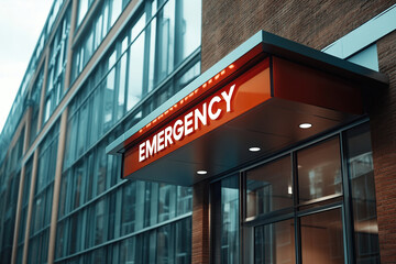 Emergency sign illuminated at healthcare facility in urban setting during overcast day