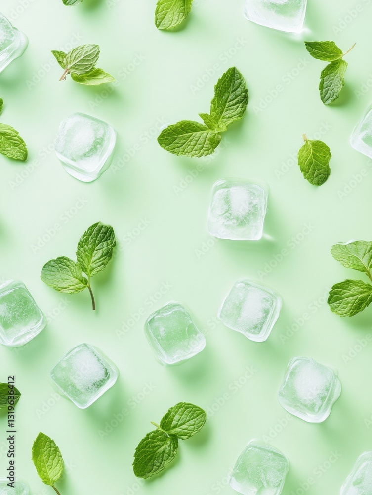 Poster refreshing ice cubes and mint leaves scattered on a light green surface in a studio setting