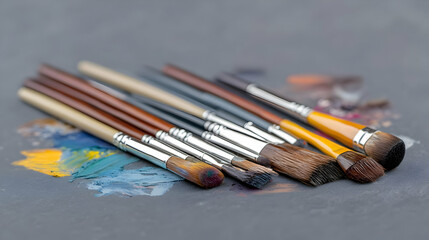 Obraz premium Assortment Of Paint Brushes With Colorful Oil Paint On Gray Canvas Background Art Supplies For Creative Artistic Endeavor