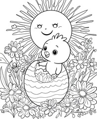 Fototapeta premium Cute chick hatching from easter egg coloring page with smiling sun and flowers. Generative ai illustrations